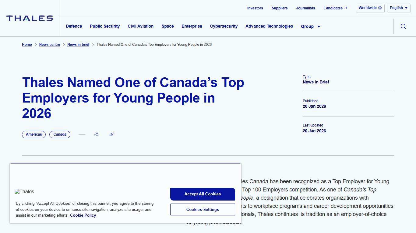 Thales Named One of Canada’s Top Employers for Young People in 2026 Thales Group